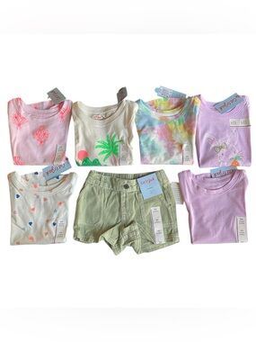 NWT Cat & Jack 3T Girls 7pc Outfit Bundle Purple Pastel Tees Shorts Summer Lot